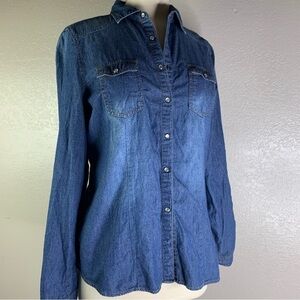 Cavalini Factory Faded Pearl Snaps Roll Tab Long Sleeved Denim Shirt Size Medium
